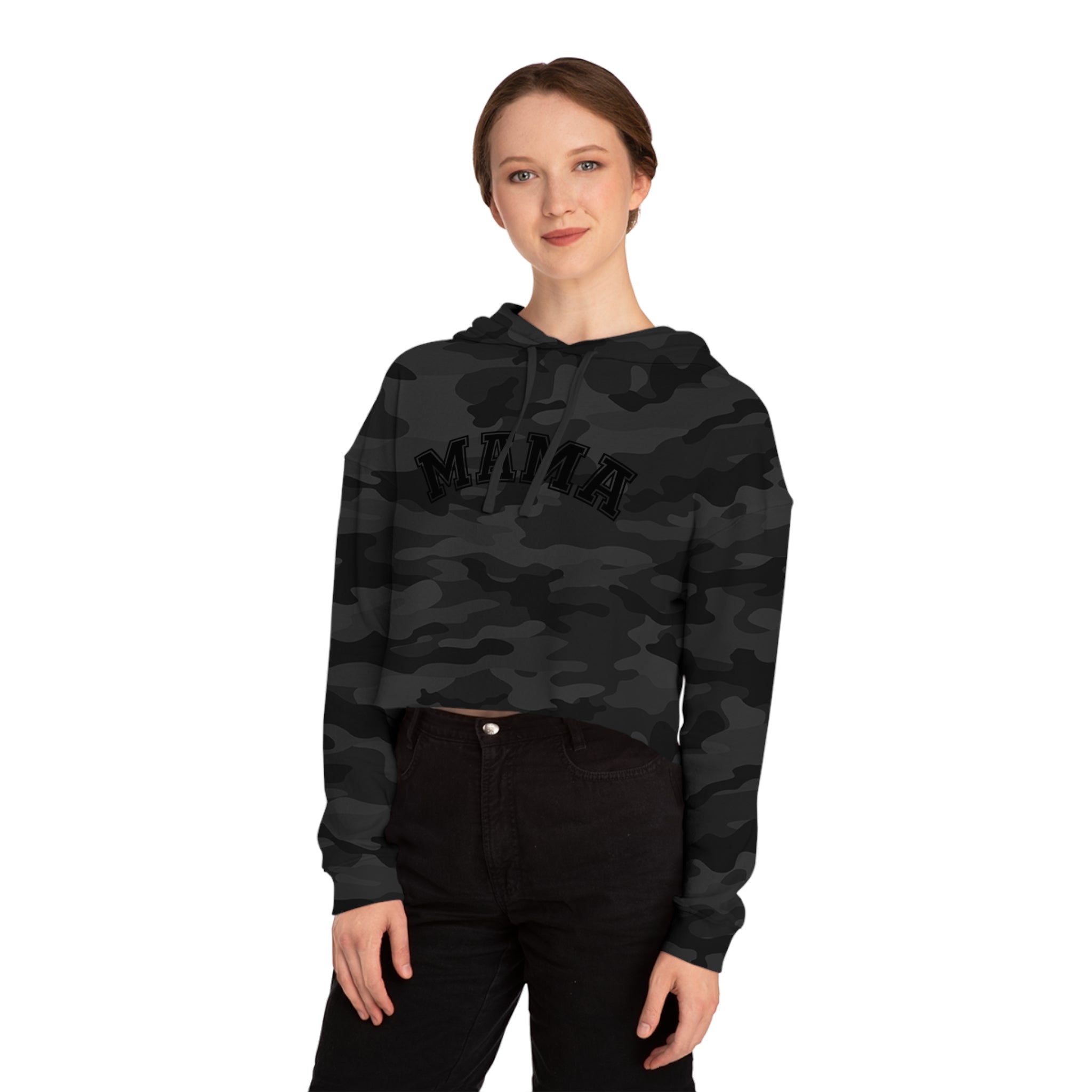 Mama Camo Cropped Hoodie — Women's Black Camo Hooded Sweatshirt