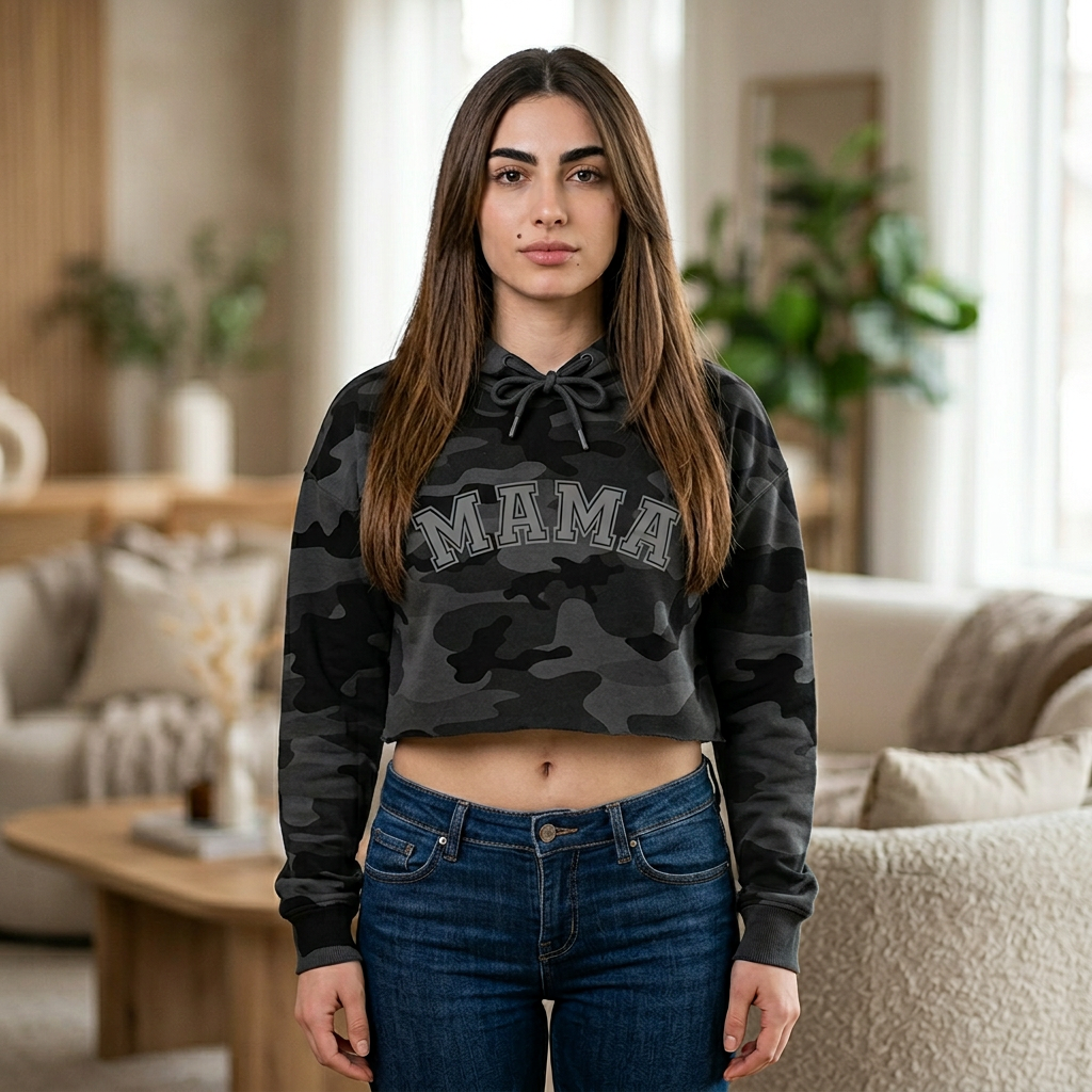 Mama Camo Cropped Hoodie — Women's Black Camo Hooded Sweatshirt